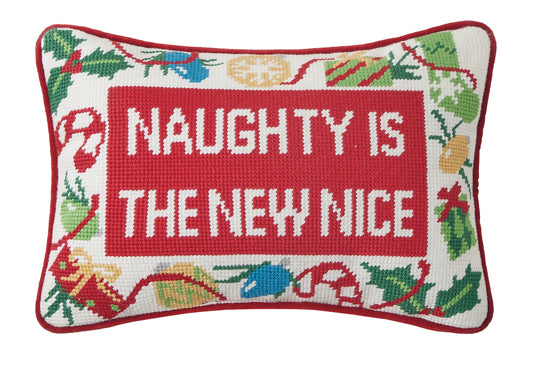 Naughty New Nice Embroidered Needlepoint Pillow