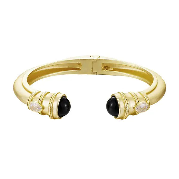 Gold Onyx Pearl + Crystal End Bangle Bracelet