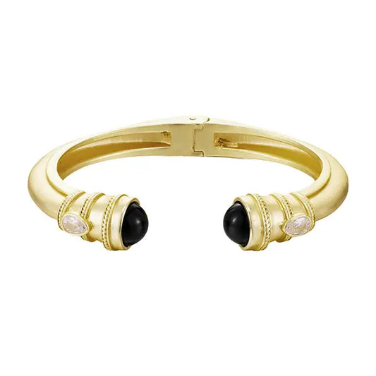 Gold Onyx Pearl + Crystal End Bangle Bracelet