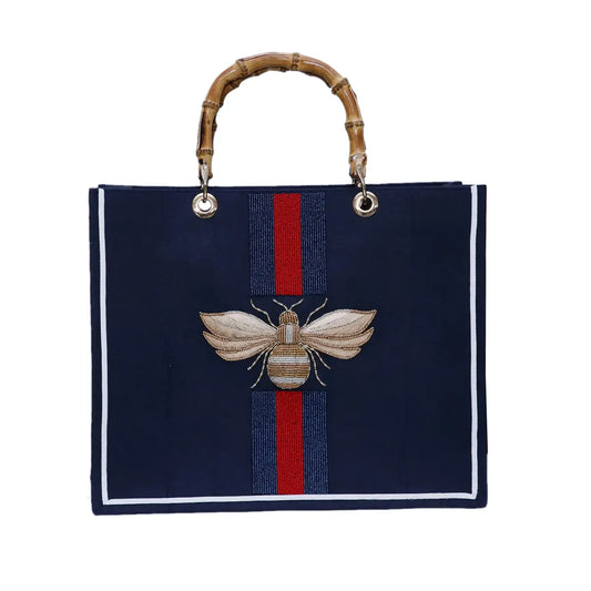 Gold 3-D Bee Stripe W/ Bamboo Handle Tote