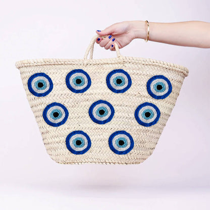 Handmade Moroccan Basket with Blue Evil Eyes