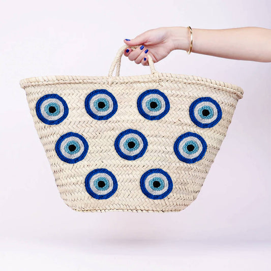 Handmade Moroccan Basket with Blue Evil Eyes