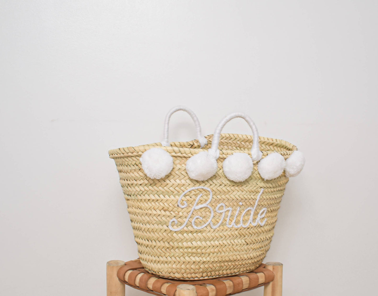 'Bride' Straw Tote with Pom-Poms for Weddings