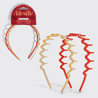 Recycled Plastic Zigzag Headbands 2pc Set - Gold & Red