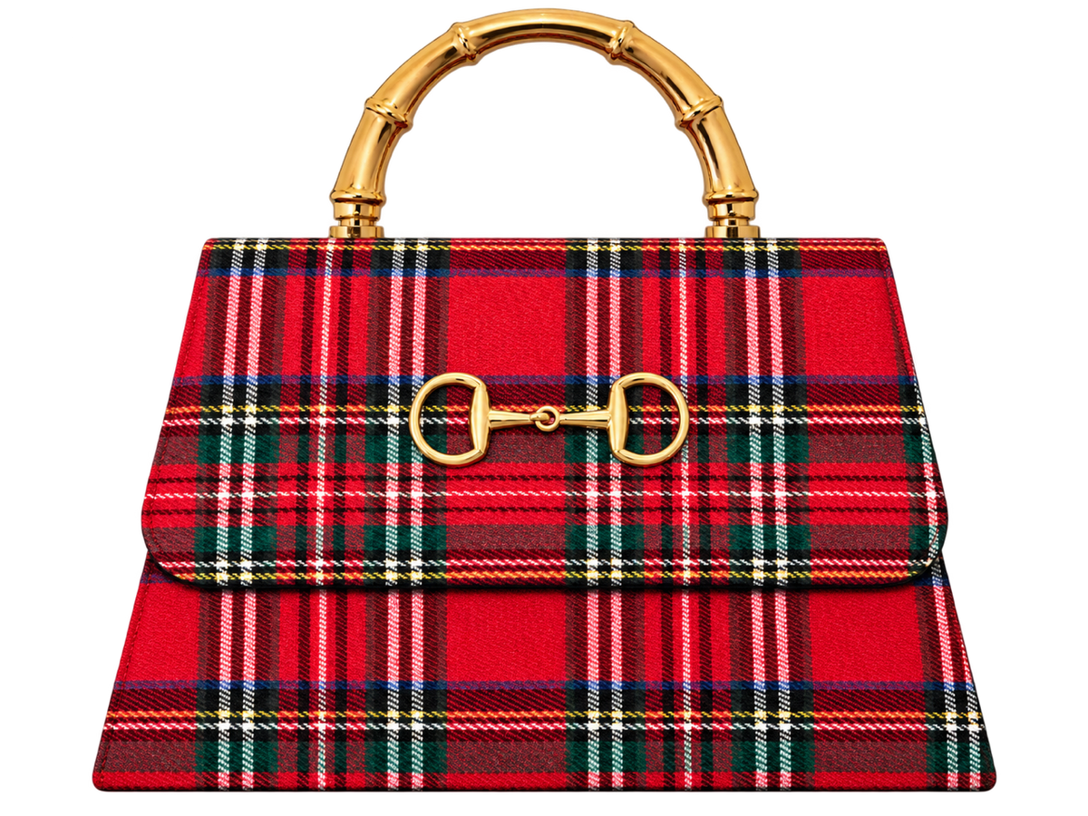Red Plaid Lulu with Gold Bamboo Handle, Gold Charms