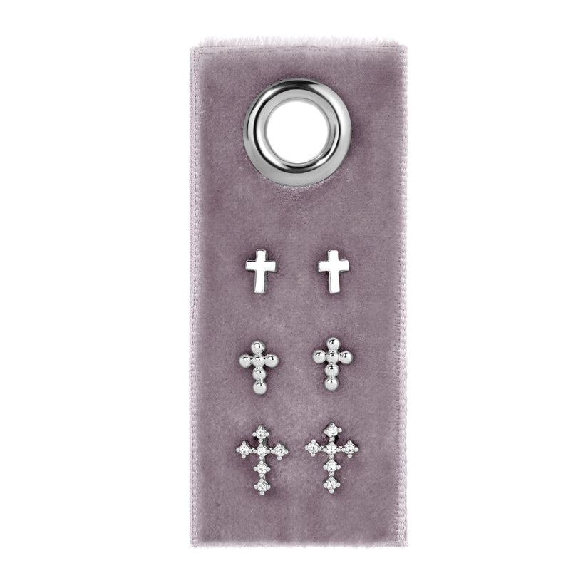 Silver Multi Cross Velvet Set/3 Stud Gift Set