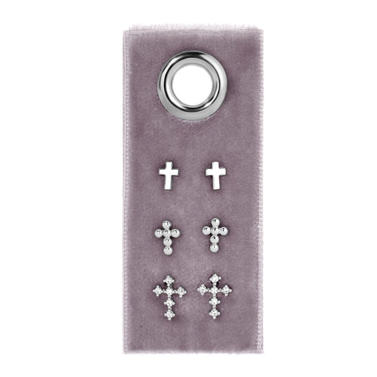 Silver Multi Cross Velvet Set/3 Stud Gift Set