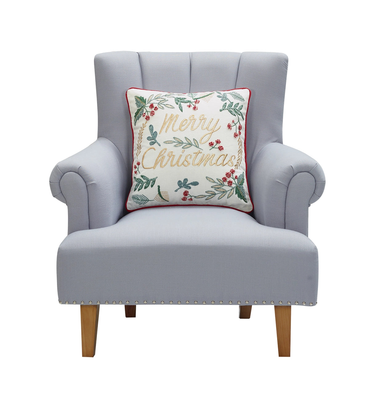 Festive Greenery Merry Christmas Embroidered Pillow