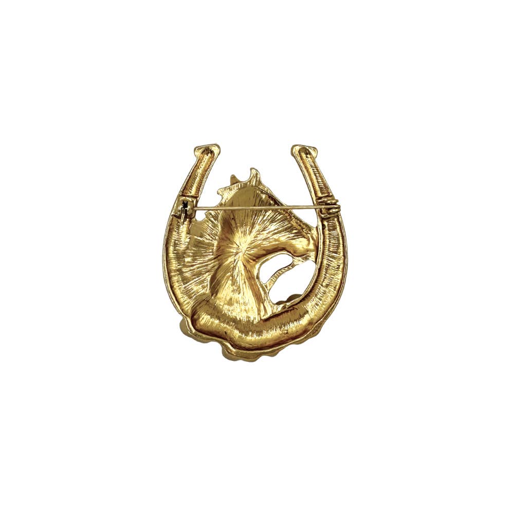 Fornash Derby Pin brushed gold equestrian brooch shown on a lapel