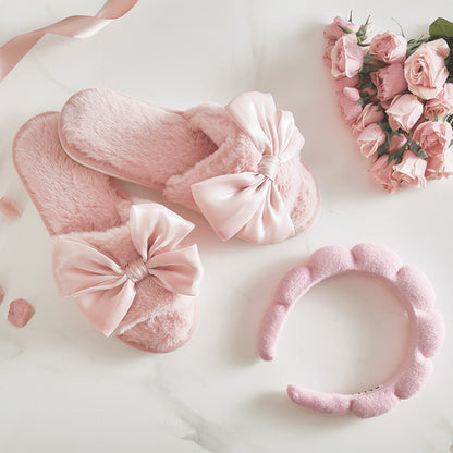 Light Blush Bow Plush Slippers