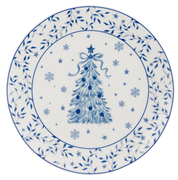 White porcelain plate with a cobalt blue ribboned Christmas tree and snowflake border