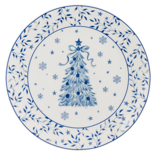 White porcelain plate with a cobalt blue ribboned Christmas tree and snowflake border