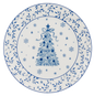 White porcelain plate with a cobalt blue ribboned Christmas tree and snowflake border