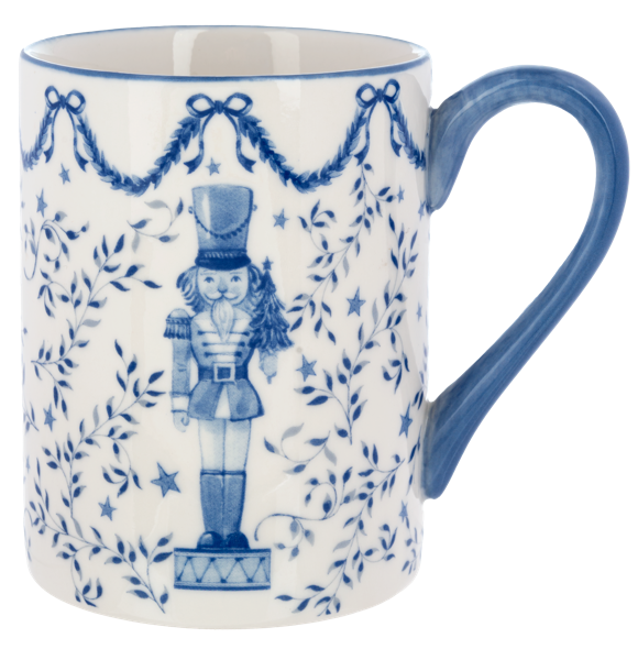 Cobalt blue nutcracker soldier on a white porcelain mug with a blue handle