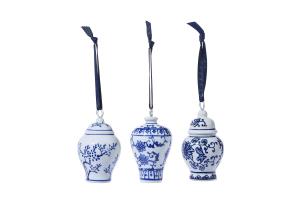 Three blue and white porcelain temple jar ornaments with navy ribbon hangers
