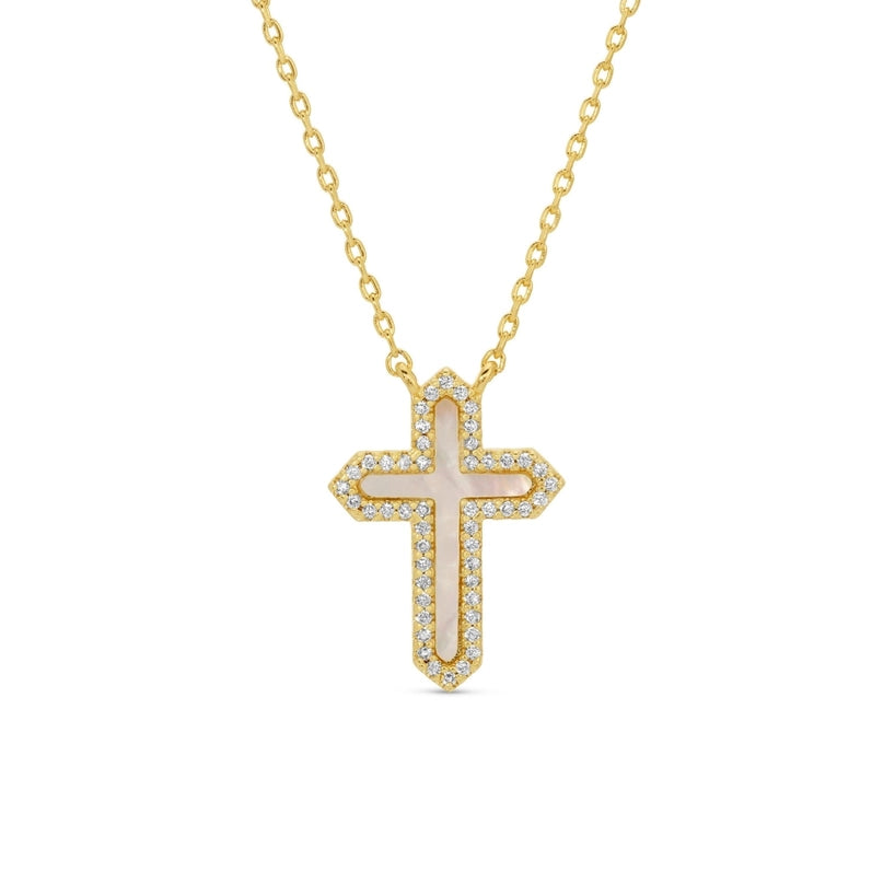 Gold Feel the Faith, Shell Pavé Cross Necklace
