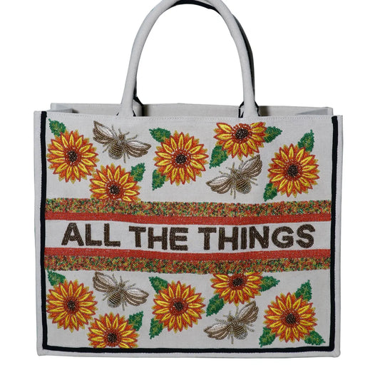 Sunflowers & Bees Large Beaded Tote