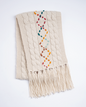 Cream cable knit fringe scarf with colorful diamond stitching