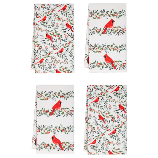 White cotton tea towels printed with red cardinals perched among berry branches