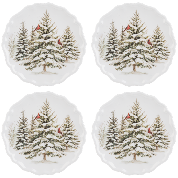 Four scalloped melamine plates printed with snowy pine trees and red cardinals