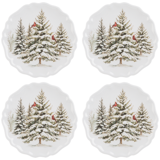 Four scalloped melamine plates printed with snowy pine trees and red cardinals