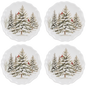 Four scalloped melamine plates printed with snowy pine trees and red cardinals