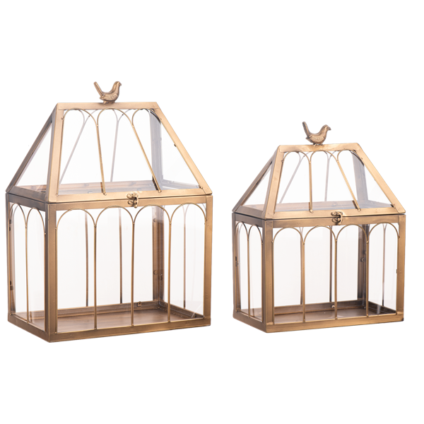 Small Antique Gold Terrarium with Bird