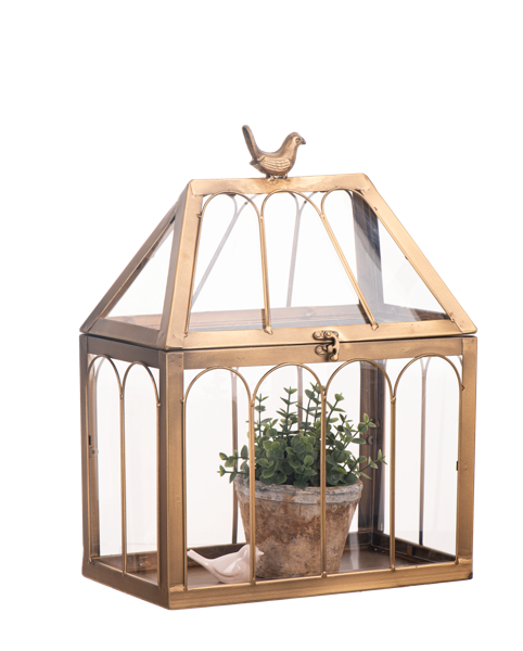 Small Antique Gold Terrarium with Bird