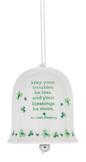 White ceramic Irish Blessing bell ornament with green shamrocks