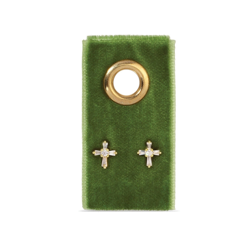 Gold Baguette Cross Studs On Velvet Gift Tag