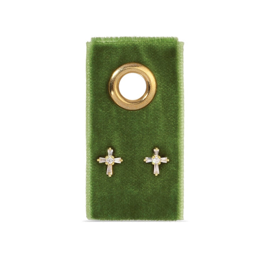 Gold Baguette Cross Studs On Velvet Gift Tag