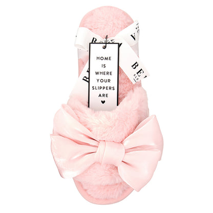 Light Blush Bow Plush Slippers