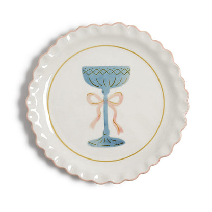 Tidbit plate with blue coupe glass and pink bow