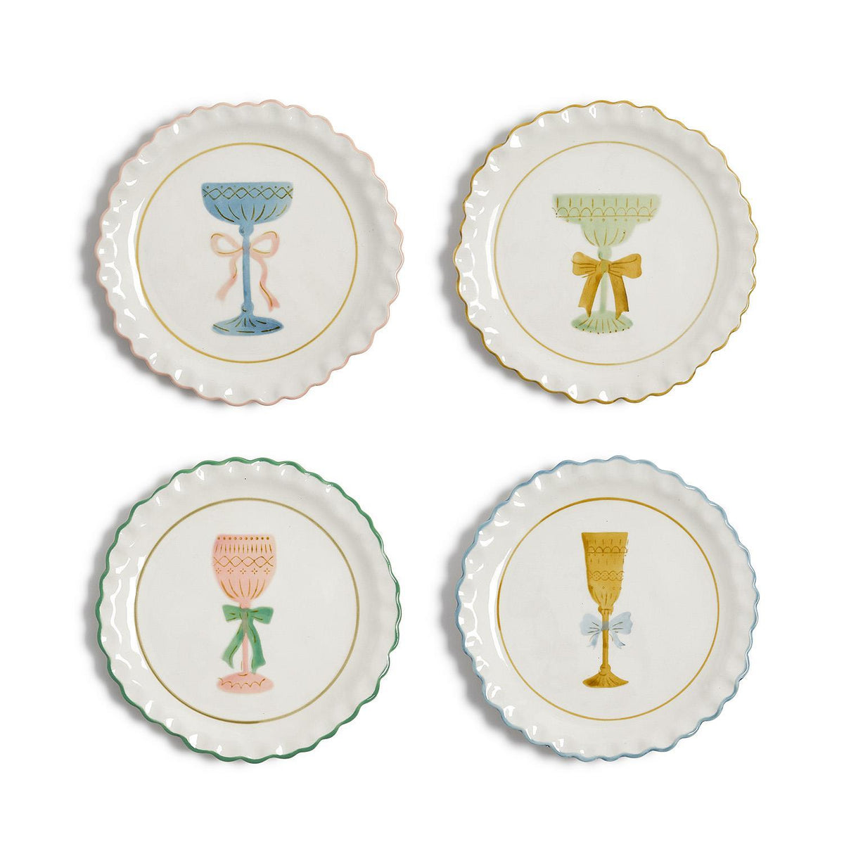 Set of 4 Cheers hand-painted tidbit plates with coupe, flute, goblet and wine glass designs