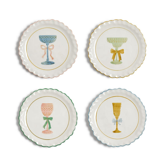 Set of 4 Cheers hand-painted tidbit plates with coupe, flute, goblet and wine glass designs
