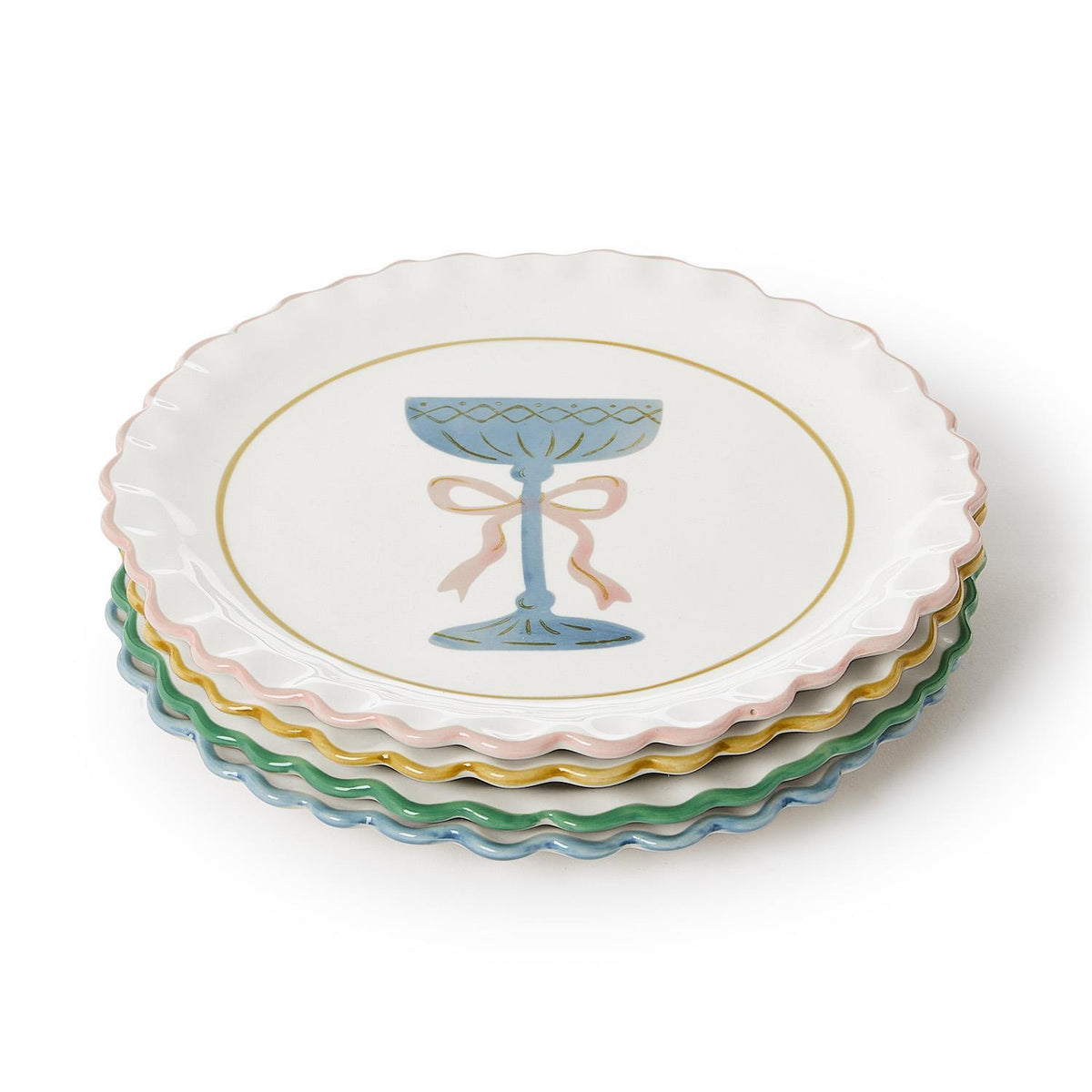 Stack of four ruffled rim stoneware tidbit plates
