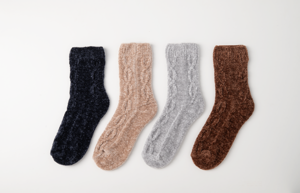 Chenille cable knit socks in navy, oatmeal, gray and brown
