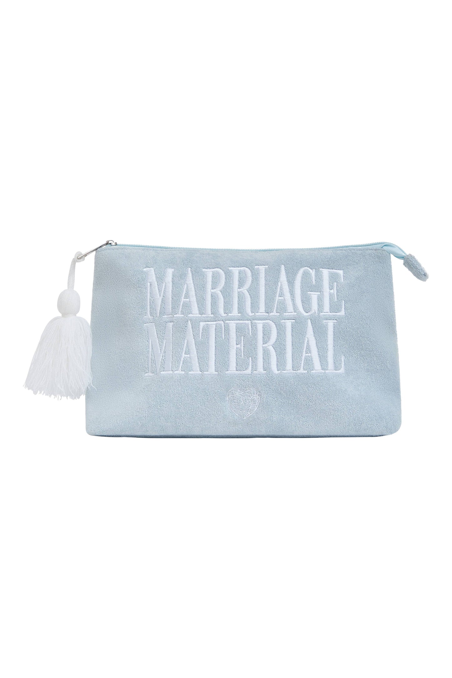 A light blue velvet pouch with white embroidered text reading 'MARRIAGE MATERIAL' and a white tassel zipper pull, shown on a plain white background.