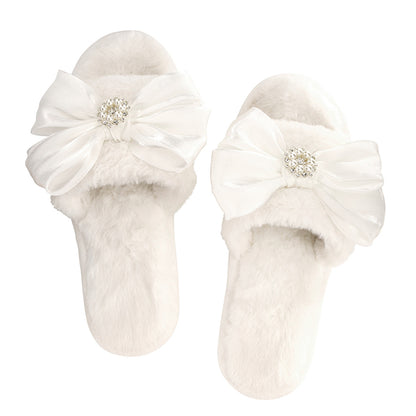 White Crystal Bow Plush Slippers