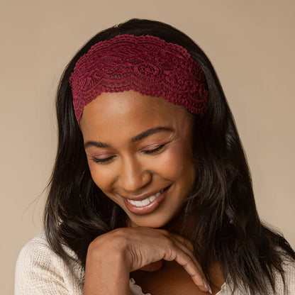 Wide Lace Elastic Headbands 2pc Set - Cherry Lacquer & Dusty Pink