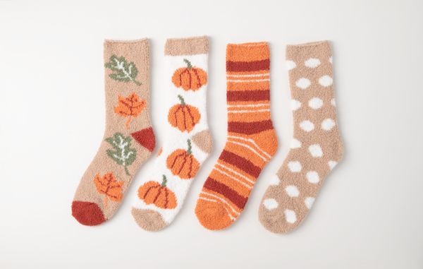 Fall cozy socks with autumn leaves, pumpkins, stripes and polka dots