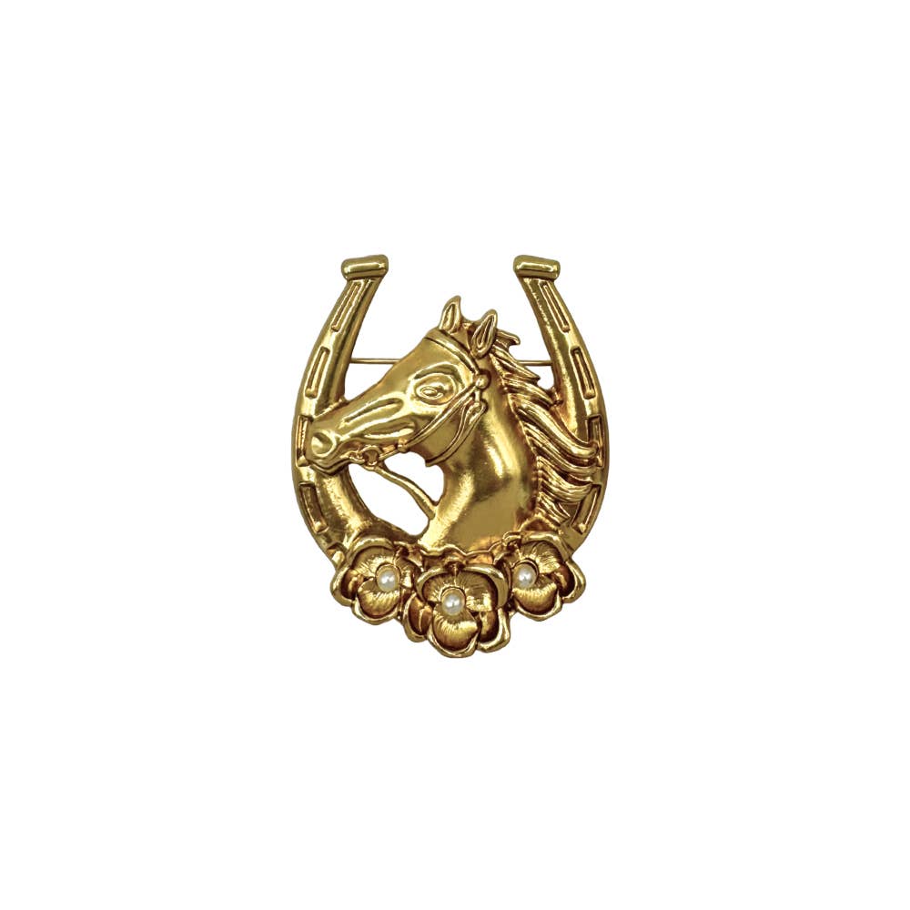 Fornash Derby Pin in brushed gold - equestrian horse and horseshoe brooch
