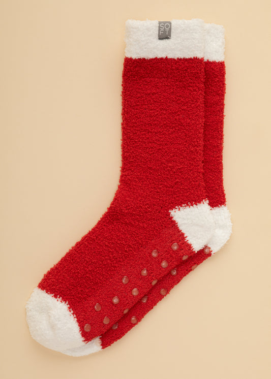 Softies Marshmallow crew socks in red with white heel, showing gripper soles
