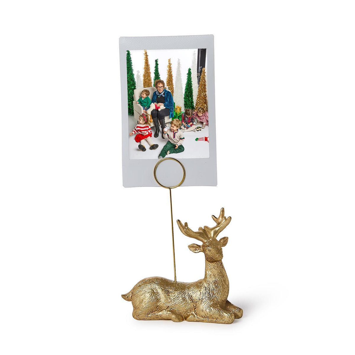 Golden deer photo holder displaying a holiday photo