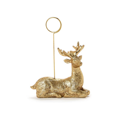 Gold resin resting deer place card holder with upright metal ring