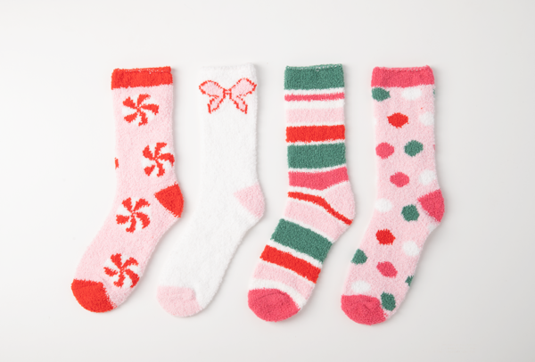 Holiday cozy socks in peppermint, bow, stripe and polka dot designs