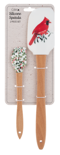 Spatula printed with a red cardinal on a branch beside a holly spoonula