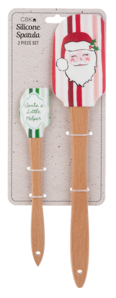 Red striped Santa spatula and green mini spoonula with wood handles on a card