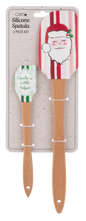 Red striped Santa spatula and green mini spoonula with wood handles on a card