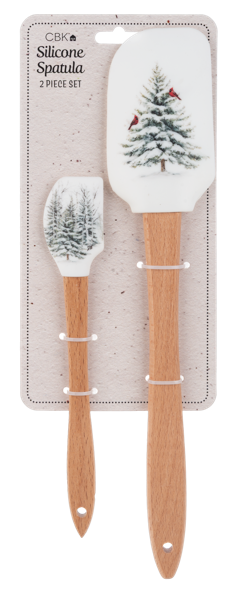 Snowy pine tree spatula and matching evergreen spoonula with wood handles